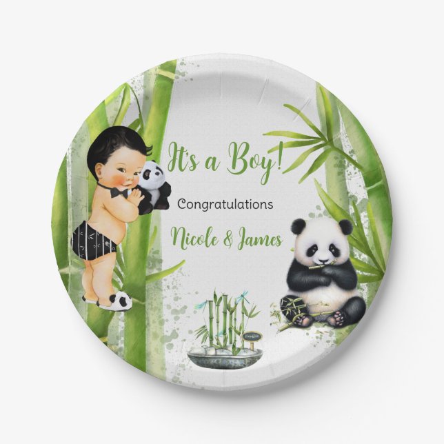 Panda Bamboo Theme Baby Boy Black White Green Paper Plate (Front)