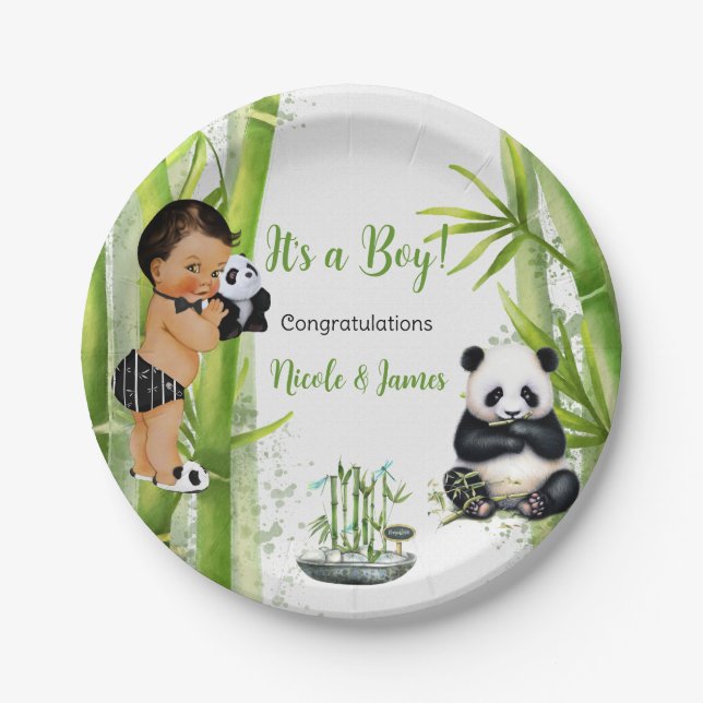 Panda Bamboo Theme Baby Boy Black White Green Paper Plate (Front)