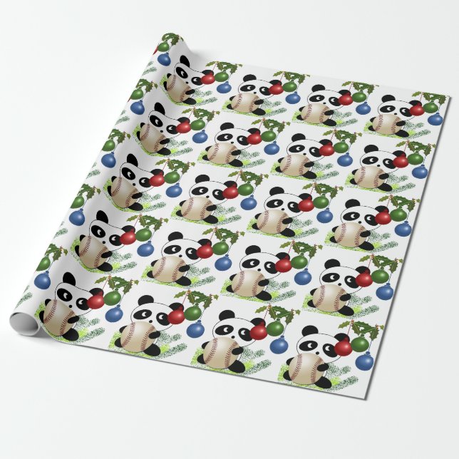 Panda baseball Christmas Wrapping Paper (Unrolled)