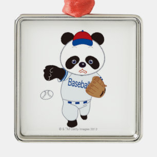 Panda Baseball Player Pitching a Baseball Metal Tree Decoration