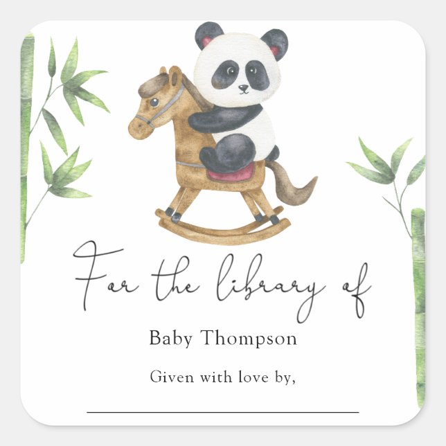 Panda Bear and bamboo- Baby Shower bookplate Square Sticker (Front)