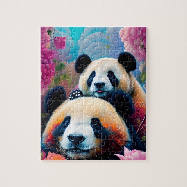 Panda Bear and Cub with Flowers Jigsaw Puzzle (Vertical)