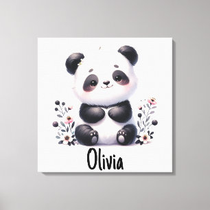 Panda Bear and Flowers with Name Canvas Print