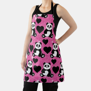 Panda Bear Animal Lover Black Hearts Pink Glitter Apron