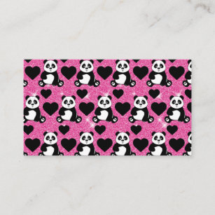 Panda Bear Animal Lover Black Hearts Pink Glitter Business Card