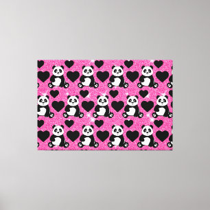 Panda Bear Animal Lover Black Hearts Pink Glitter Canvas Print