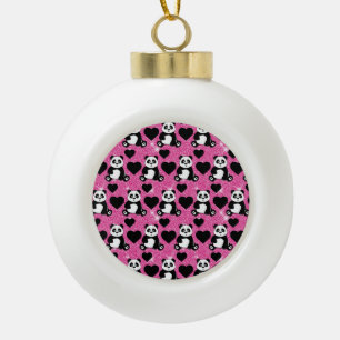 Panda Bear Animal Lover Black Hearts Pink Glitter Ceramic Ball Christmas Ornament