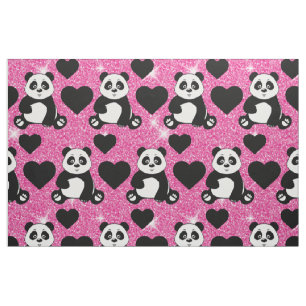 Panda Bear Animal Lover Black Hearts Pink Glitter Fabric
