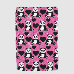 Panda Bear Animal Lover Black Hearts Pink Glitter Golf Towel