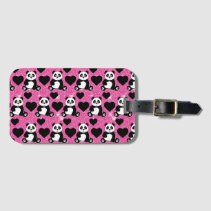 Panda Bear Animal Lover Black Hearts Pink Glitter Luggage Tag