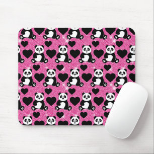 Panda Bear Animal Lover Black Hearts Pink Glitter Mouse Mat