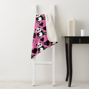 Panda Bear Animal Lover Black Hearts Pink Glitter Sherpa Blanket