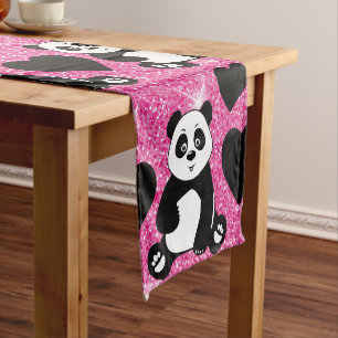 Panda Bear Animal Lover Black Hearts Pink Glitter Short Table Runner