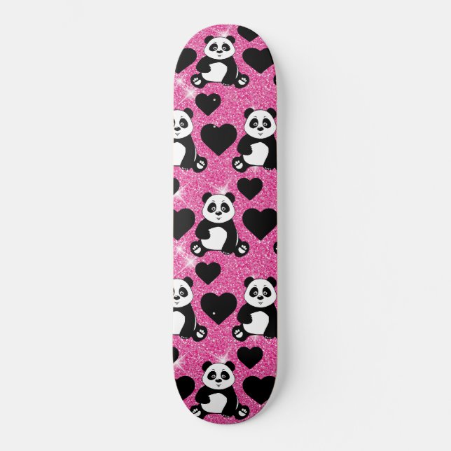 Panda Bear Animal Lover Black Hearts Pink Glitter Skateboard (Front)