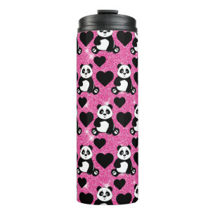 Panda Bear Animal Lover Black Hearts Pink Glitter Thermal Tumbler