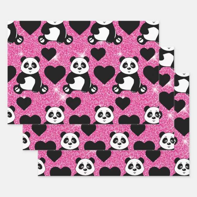 Panda Bear Animal Lover Black Hearts Pink Glitter Wrapping Paper Sheet (Set)