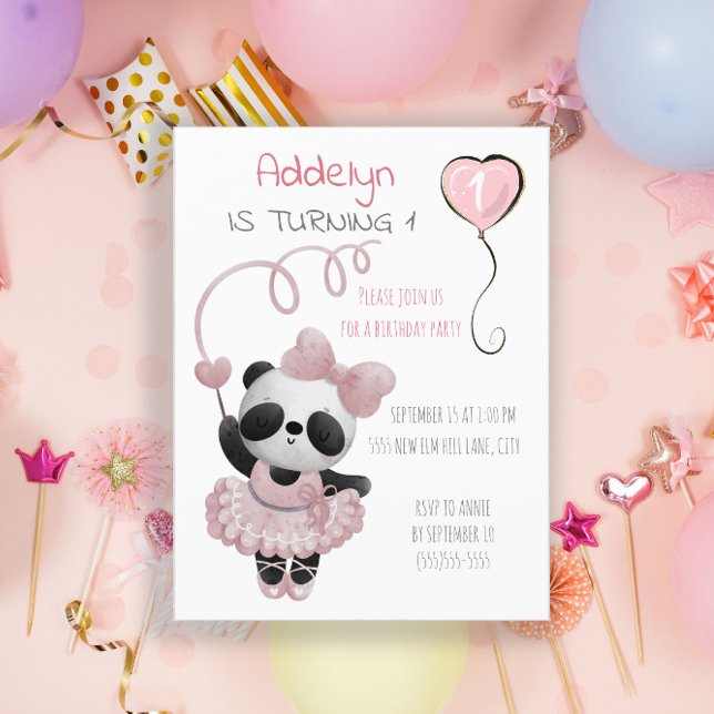 Panda Bear Ballerina Girl's 1st Birthday Party  Invitation Postcard (Creator Uploaded)