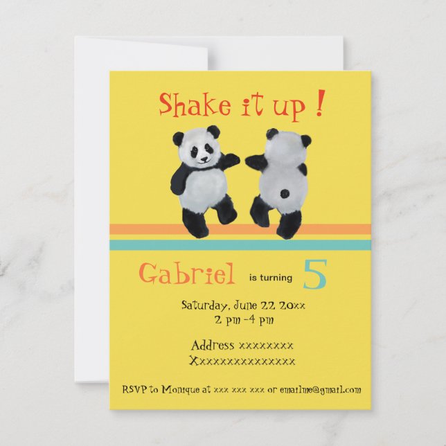 Panda Bear,  birthday dance party invitation (Front)