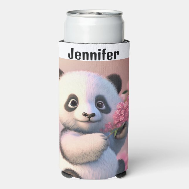 Panda Bear Cherry Blossom Personalise Name Tall  Seltzer Can Cooler (Seltzer Back)