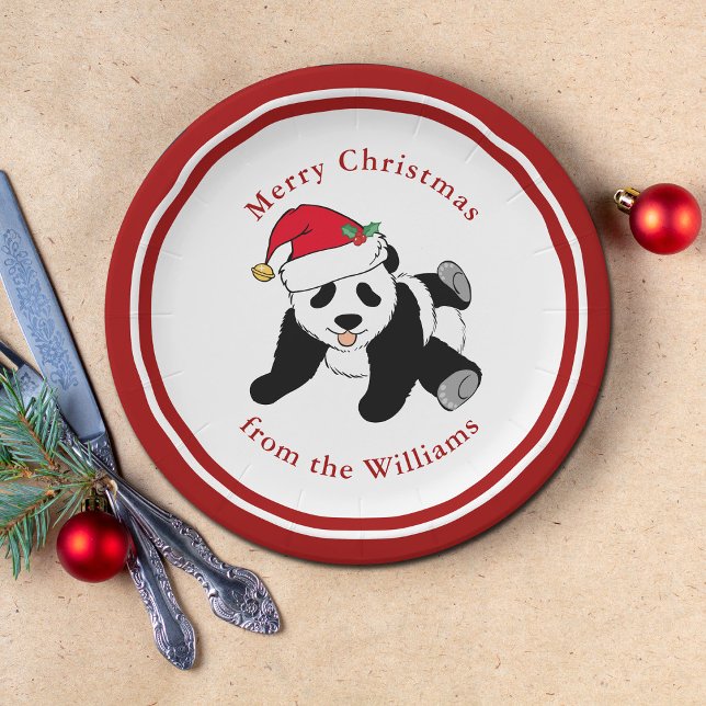Panda Bear Christmas Cute Custom Red Party Paper Plate (Creator Uploaded)