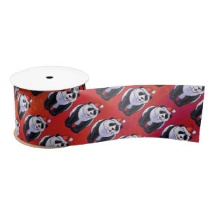 Panda Bear Christmas On Red Satin Ribbon