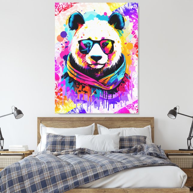 Panda Bear - Colourful Panda Bear Painting Canvas Print (Insitu(Bedroom))