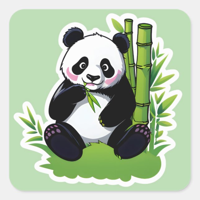 Panda bear eating bamboo leaves square sticker (Front)