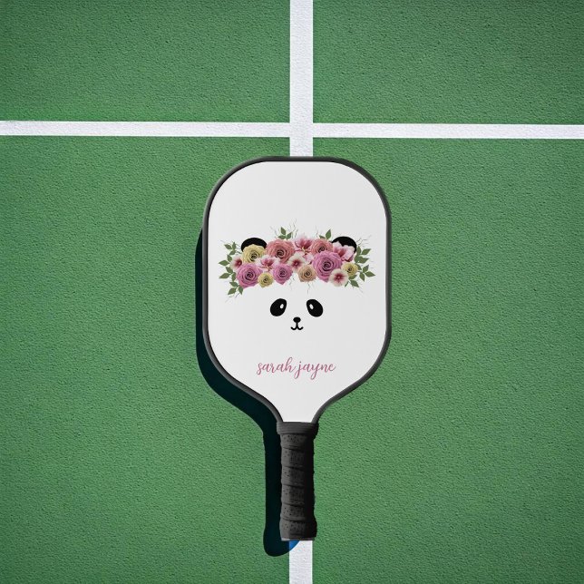 Panda Bear Face Girl's Name White Pickleball Paddle (Add your name to this pretty panda pickleball paddle!)