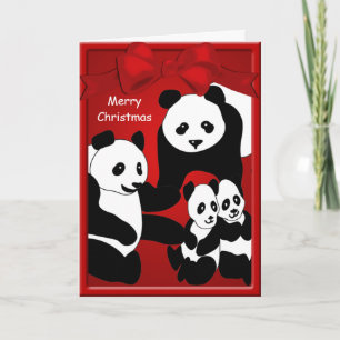 Panda Bear Family Four Merry Christmas Greeting Holiday Card