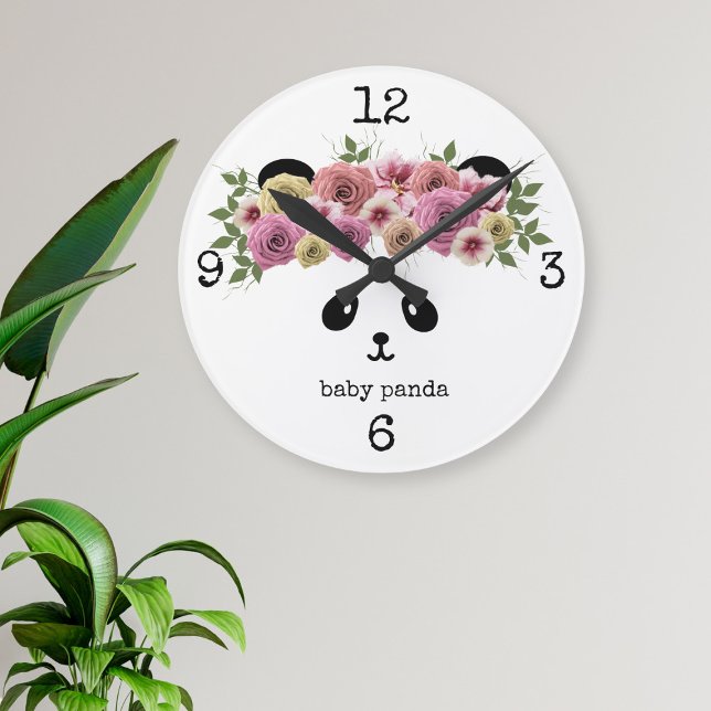 Panda Bear Girl Floral Crown Personalised Clock (Pretty Panda Wall Clock with space for your name)
