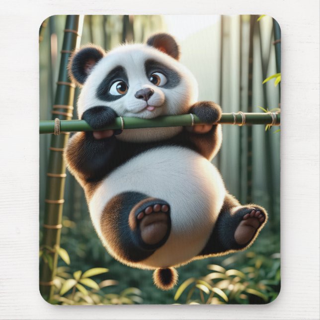 Panda Bear Hanging From a Bamboo Branch Mouse Mat (Front)