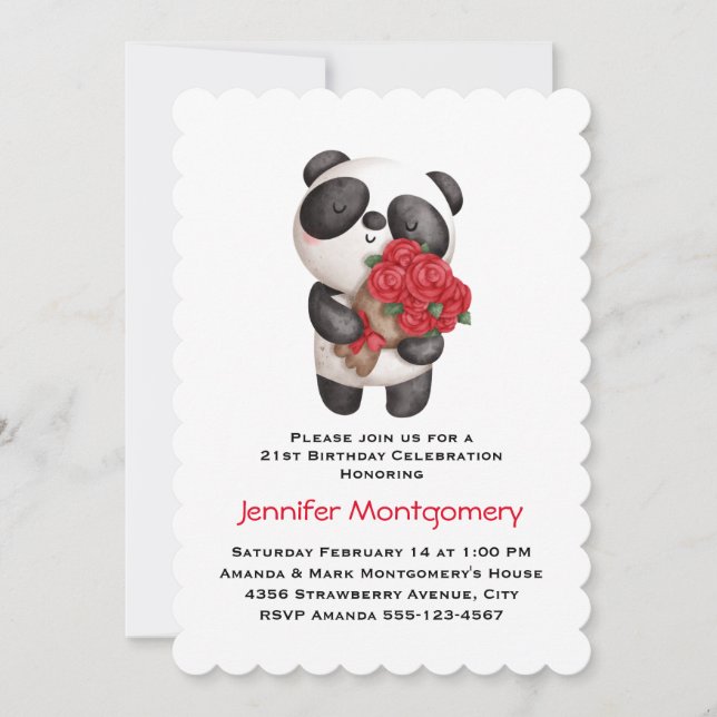 Panda Bear Holding Bouquet of Roses Birthday Invitation (Front)