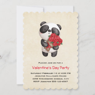 Panda Bear Holding Bouquet of Roses Valentine's Invitation
