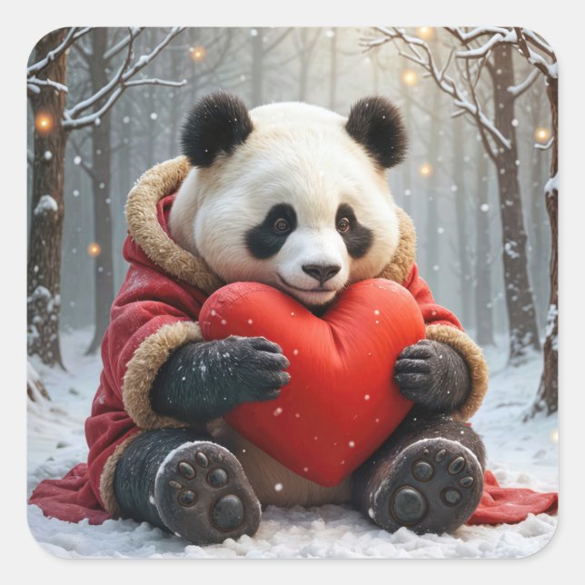 Panda Bear Hugging a Red Heart Pillow Square Sticker (Front)