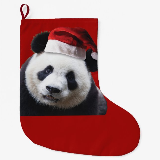 Panda Bear in a Santa Claus Hat Large Christmas Stocking (Front)