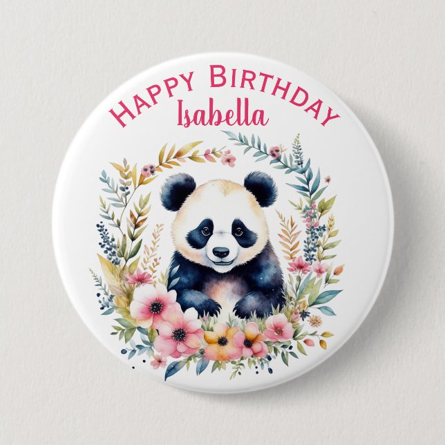 Panda Bear in Flowers Girl's Birthday Personalised 7.5 Cm Round Badge (Front)