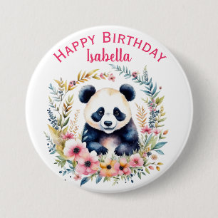 Panda Bear in Flowers Girl's Birthday Personalised 7.5 Cm Round Badge