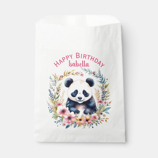 Panda Bear in Flowers Girl's Birthday Personalised Favour Bags (Front)