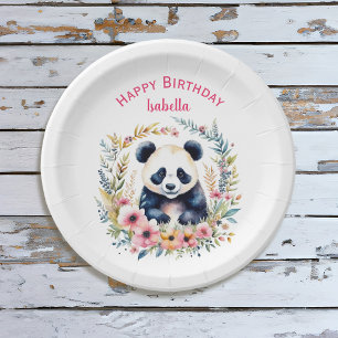 Panda Bear in Flowers Girl's Birthday Personalized Paper Plate