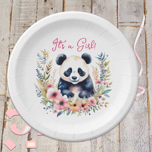 Panda Bear in Flowers Girl's It's a Girl Paper Plate (Creator Uploaded)