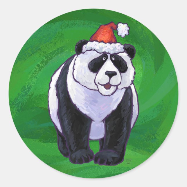 Panda Bear in Santa Hat on Green Classic Round Sticker (Front)