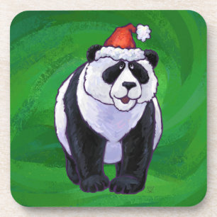 Panda Bear in Santa Hat on Green Coaster