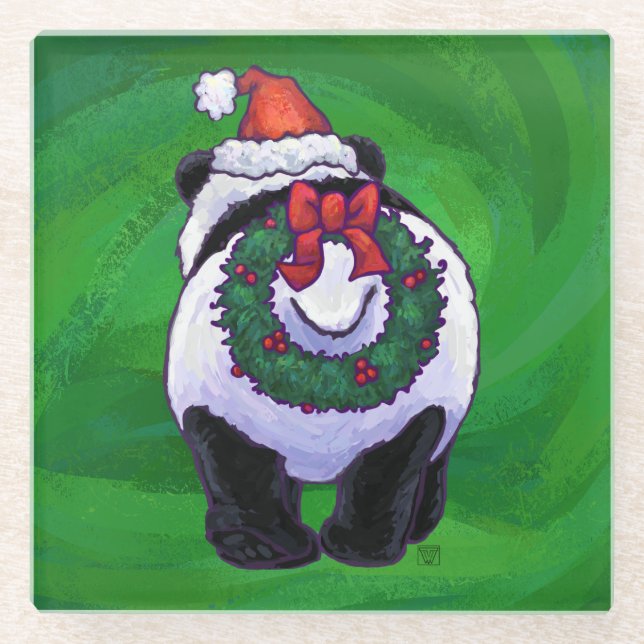 Panda Bear in Santa Hat on Green Glass Coaster (Front)
