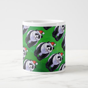 Panda Bear in Santa Hat on Green Large Coffee Mug