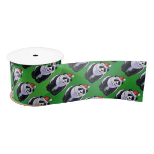 Panda Bear in Santa Hat on Green Satin Ribbon