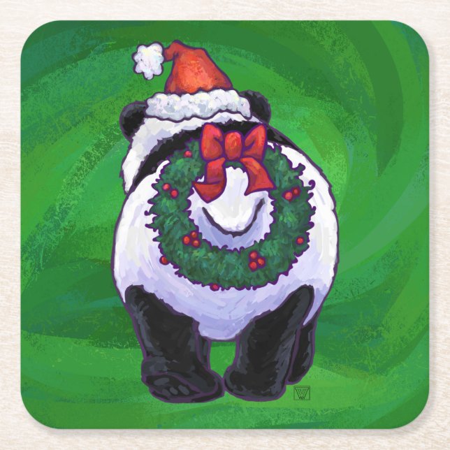 Panda Bear in Santa Hat on Green Square Paper Coaster (Front)