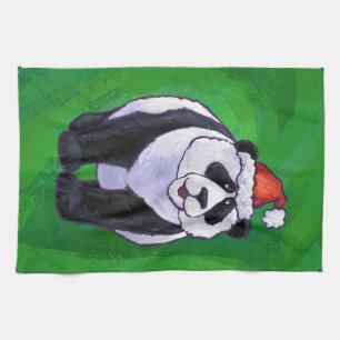 Panda Bear in Santa Hat on Green Tea Towel