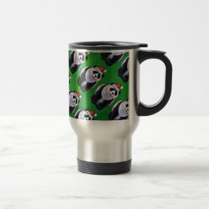 Panda Bear in Santa Hat on Green Travel Mug