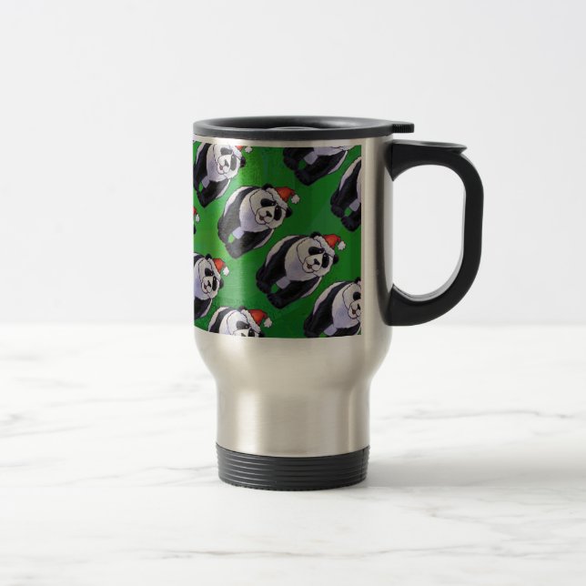 Panda Bear in Santa Hat on Green Travel Mug (Right)