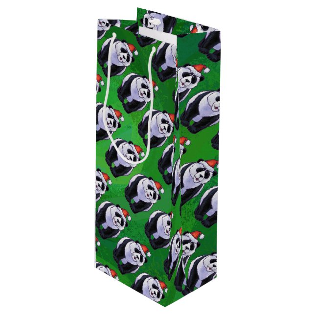 Panda Bear in Santa Hat on Green Wine Gift Bag (Front Angled)